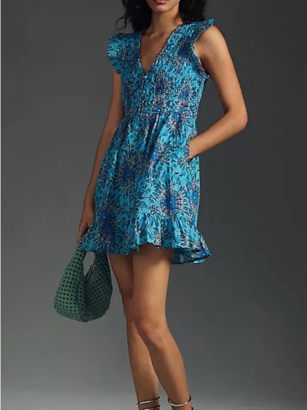 Anthropologie Peregrine Smocked Boho Mini Dress Blue Floral Size Small Romantic